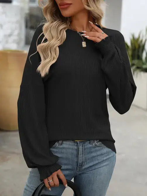 Relaxed Fit Casual Ribbed Long-Sleeve Sweater