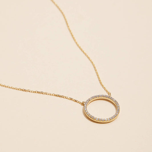 Gold Circle Pendant Necklace with CZ Accents