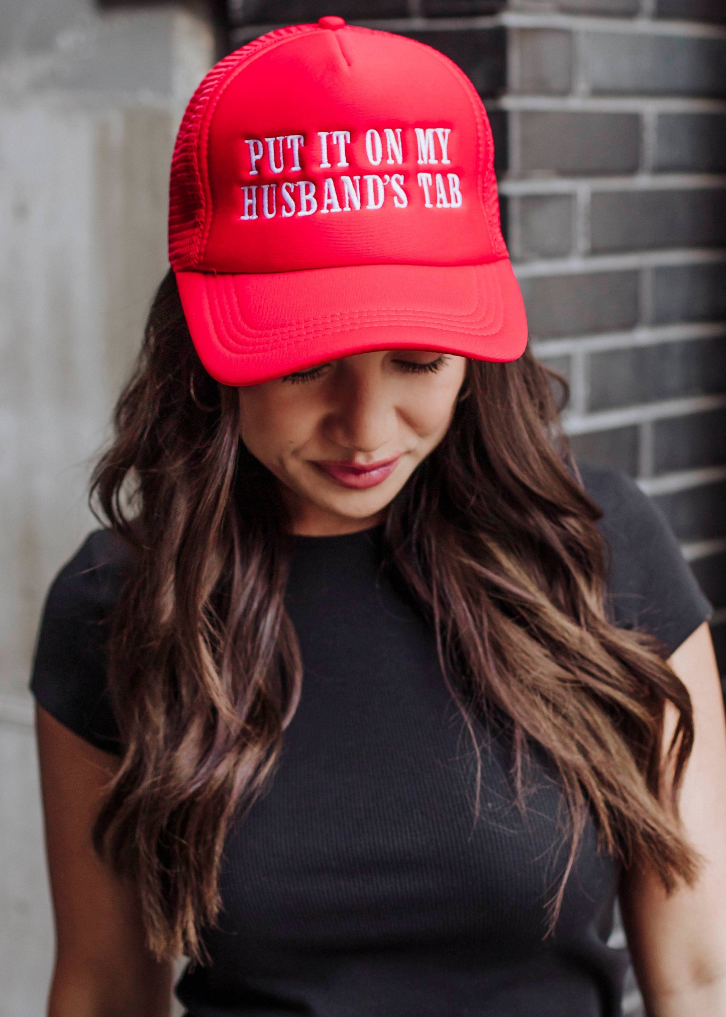 Red Husband's Tab Trucker Hat